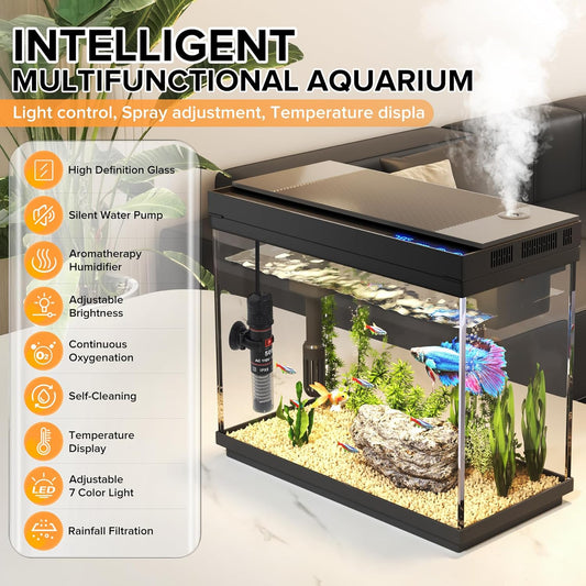 Fish Tank, 2.4 Gallon Fish Aquarium, Fish Tank Starter Kit with Smart Humidifier, Temperature Display, 7-Color Lighting, 3 in 1 Quiet Pump with Filteration & Oxygenation & Circulation