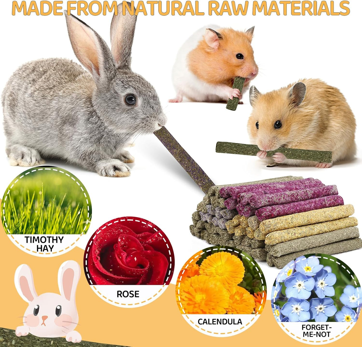 Rabbit Chew Sticks – 52-Piece Mixed Flower Timothy Hay Set for Guinea Pigs, Hamsters & Chinchillas