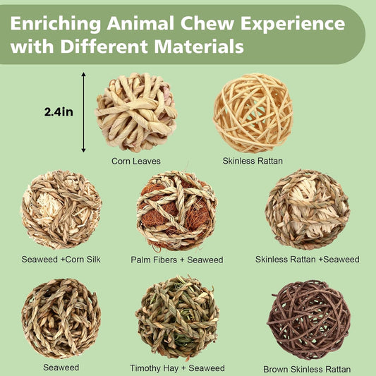Bunny Chew Grass Balls, Rolling Chew Toys for Small Animals, Natural Chew Grass Toys and Bunny Treats for Rabbits, Guinea Pigs, Chinchillas, Hamsters, Mice Teeth Grinding (8 Pcs)