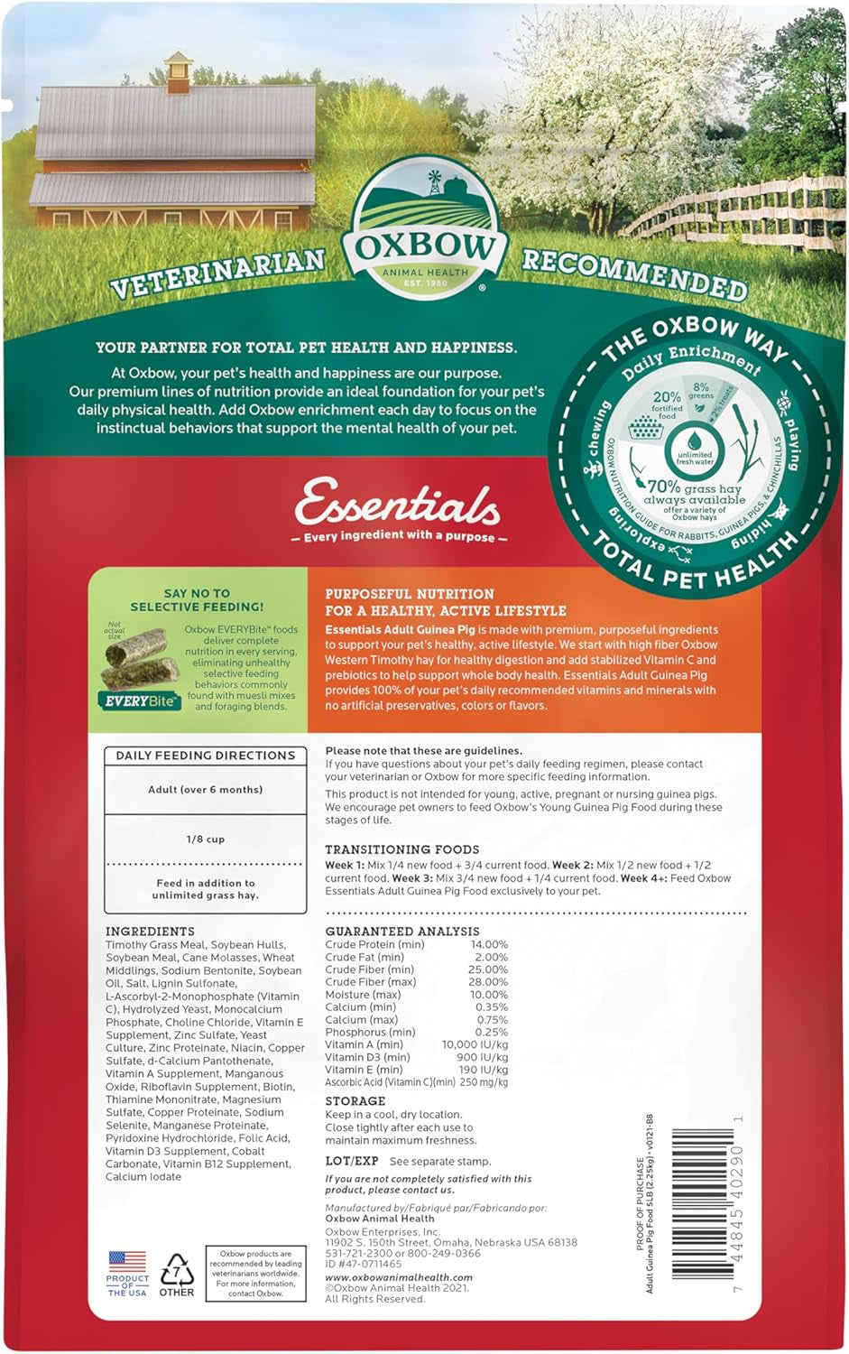 Essentials Guinea Pig Food, Adult Guinea Pig, Made with  Timothy Hay, Pet Food Pellets with Vitamin C, Small Animal Pet Products, Made in USA, High Fiber, 5 Lb. Bag