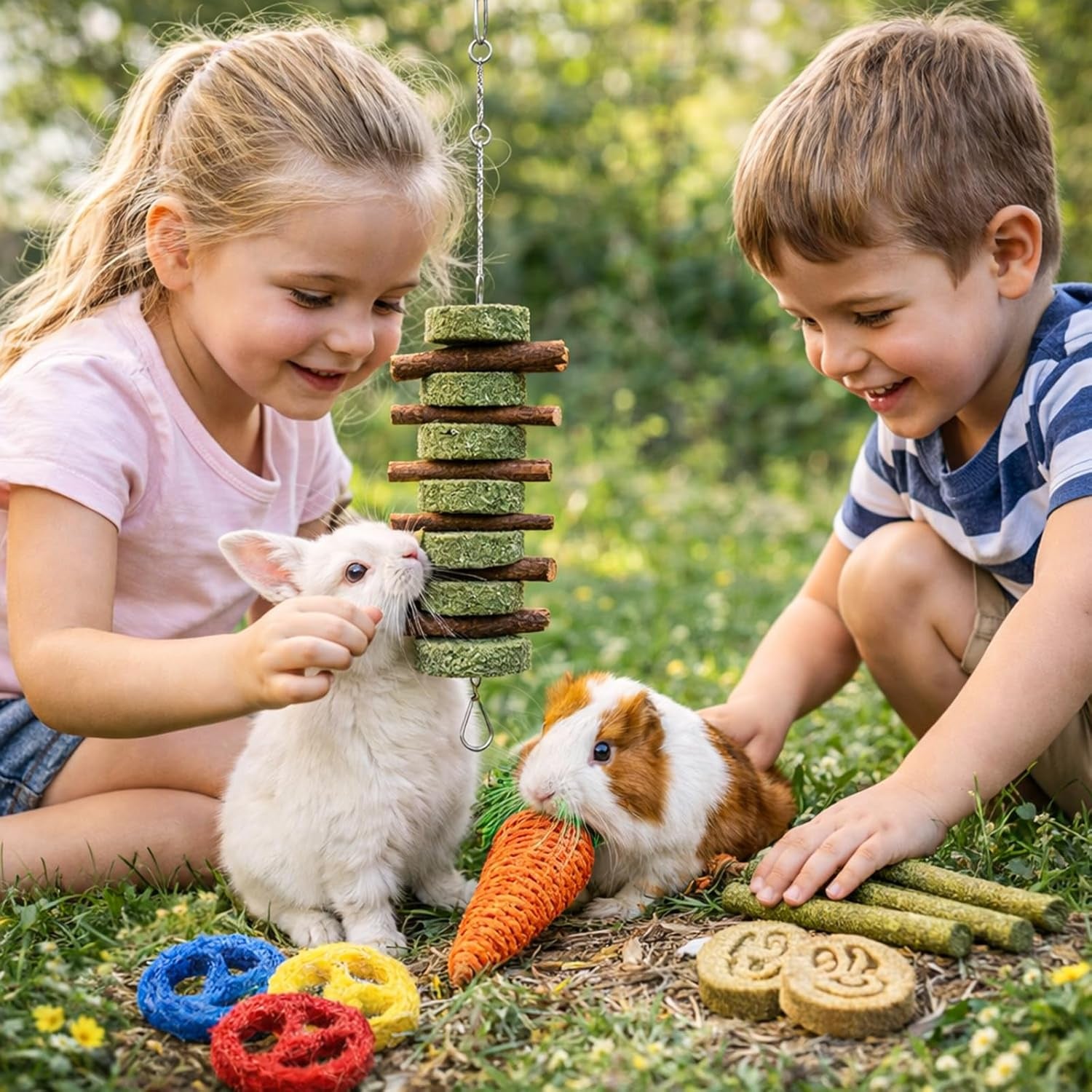 20 PCS Bunny Chew Toys for Teeth, Natural Rabbit Toys Apple Wood Grass Timothy Sticks Chew and Treat for Guinea Pigs Hamster Chinchillas