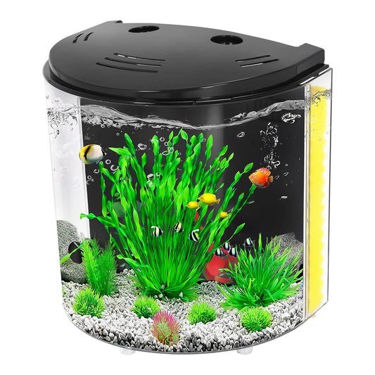 Fish Tank, 1.2 Gallon Aquarium, Small Betta Fish Tank Starter Kit with LED Light and Water Filter Pump, Half Cylinder