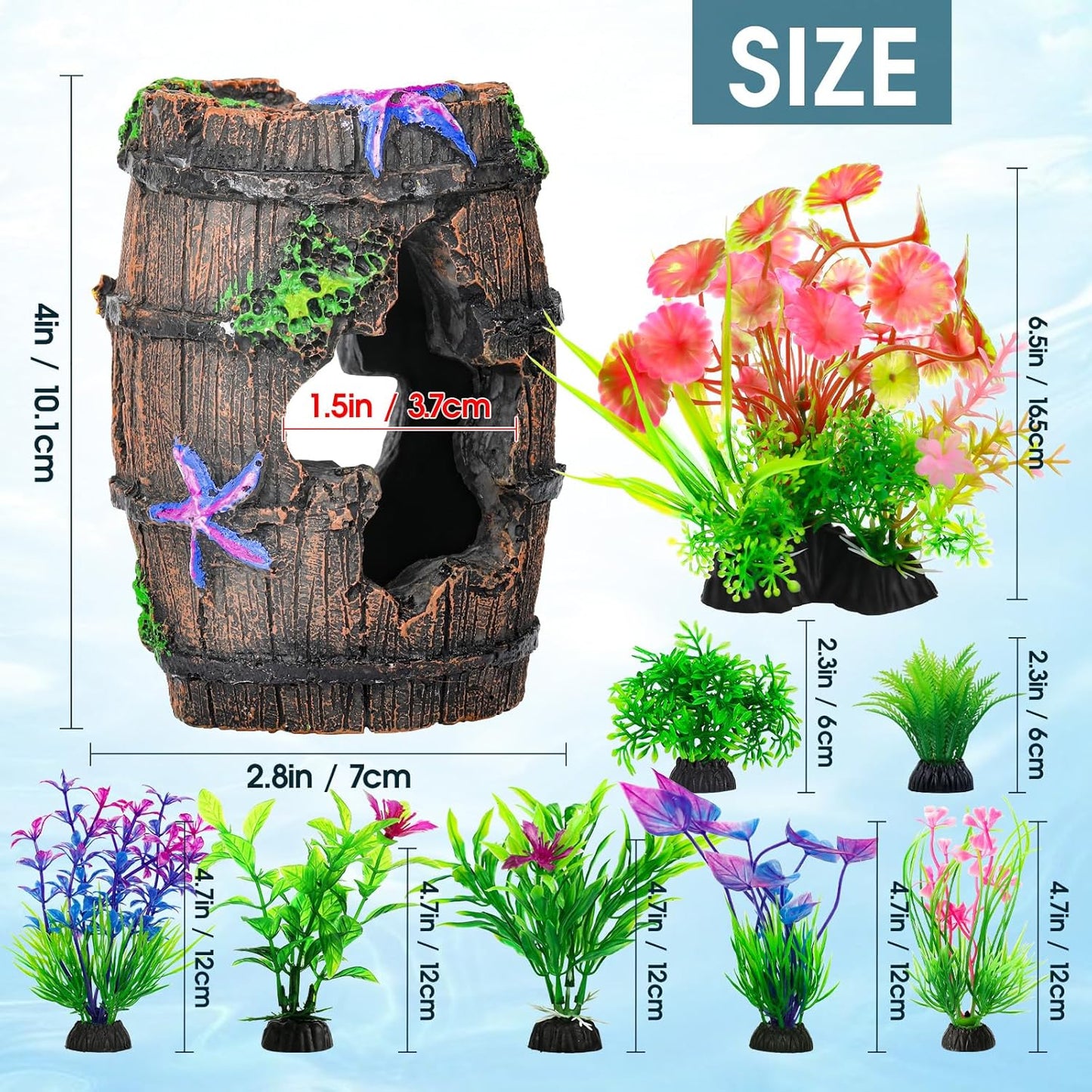 Fish Broken Barrel Decor Fish Tank Decorations Betta Fish Tank Accessories,Starfish Barrel X 1Pc, Aquarium Plants X 8Pcs