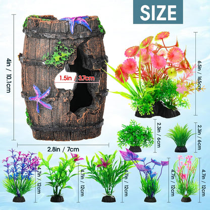 Fish Broken Barrel Decor Fish Tank Decorations Betta Fish Tank Accessories,Starfish Barrel X 1Pc, Aquarium Plants X 8Pcs