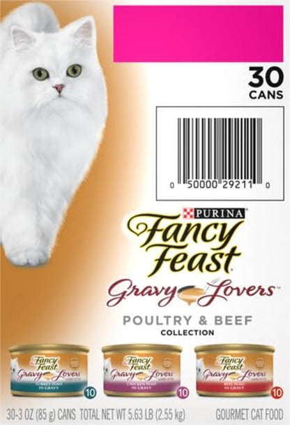 Purina Gravy Lovers Gourmet Wet Cat Food Variety Pack - Poultry and Beef - 30 Pack of 3 Oz. Cans