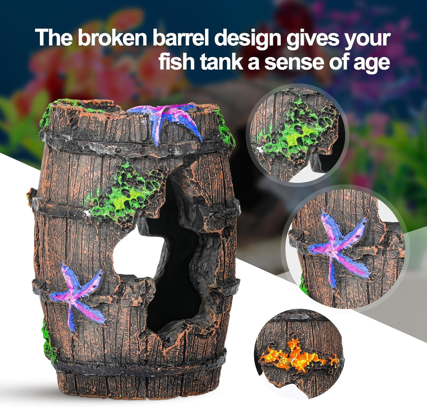 Fish Broken Barrel Decor Fish Tank Decorations Betta Fish Tank Accessories,Starfish Barrel X 1Pc, Aquarium Plants X 8Pcs