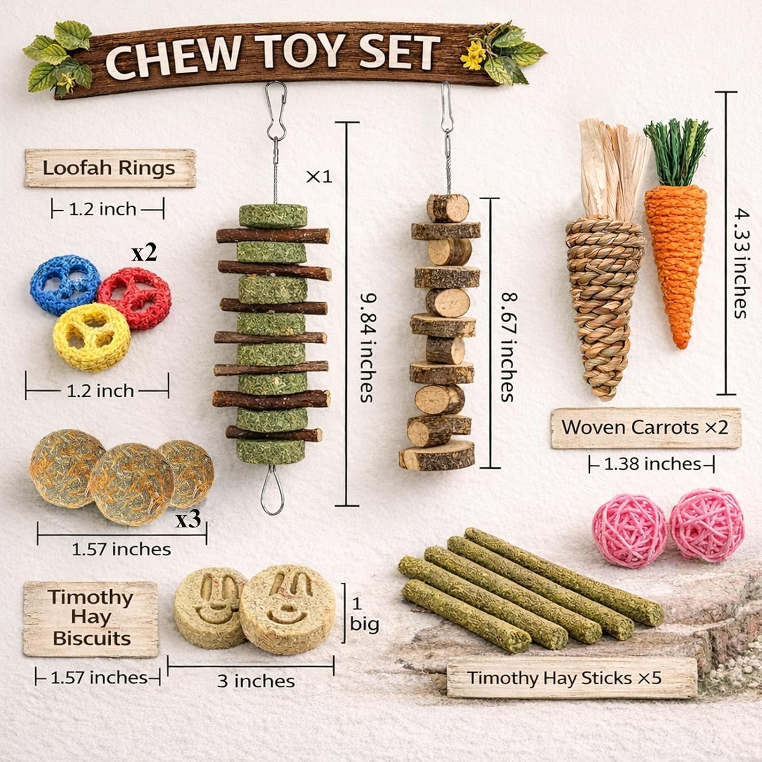20 PCS Bunny Chew Toys for Teeth, Natural Rabbit Toys Apple Wood Grass Timothy Sticks Chew and Treat for Guinea Pigs Hamster Chinchillas