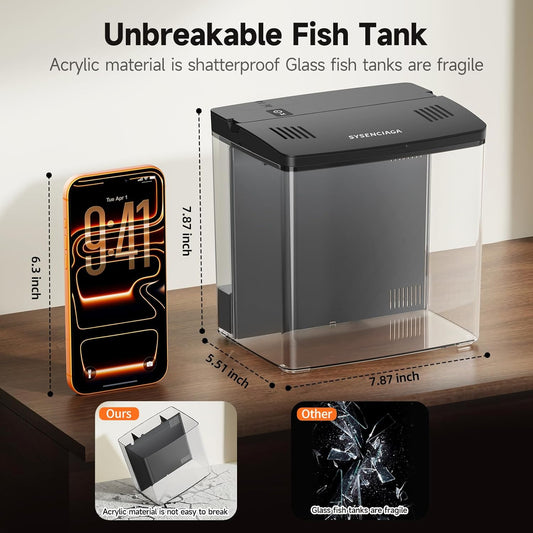 Desktop Fish Tank, 1.2 Gallon Self-Cleaning Smart Aquarium with Filter & 5-Color LED Light, Auto-Cycling Quiet Pump for Betta, Shrimp, Guppy, Goldfish