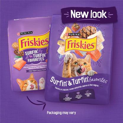 Purina Friskies Surfin and Turfin Favorites Dry Cat Food Flavors of Chicken, Whitefish, Salmon and Filet Mignon