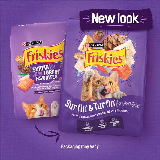 Purina Friskies Surfin and Turfin Favorites Dry Cat Food Flavors of Chicken, Whitefish, Salmon and Filet Mignon