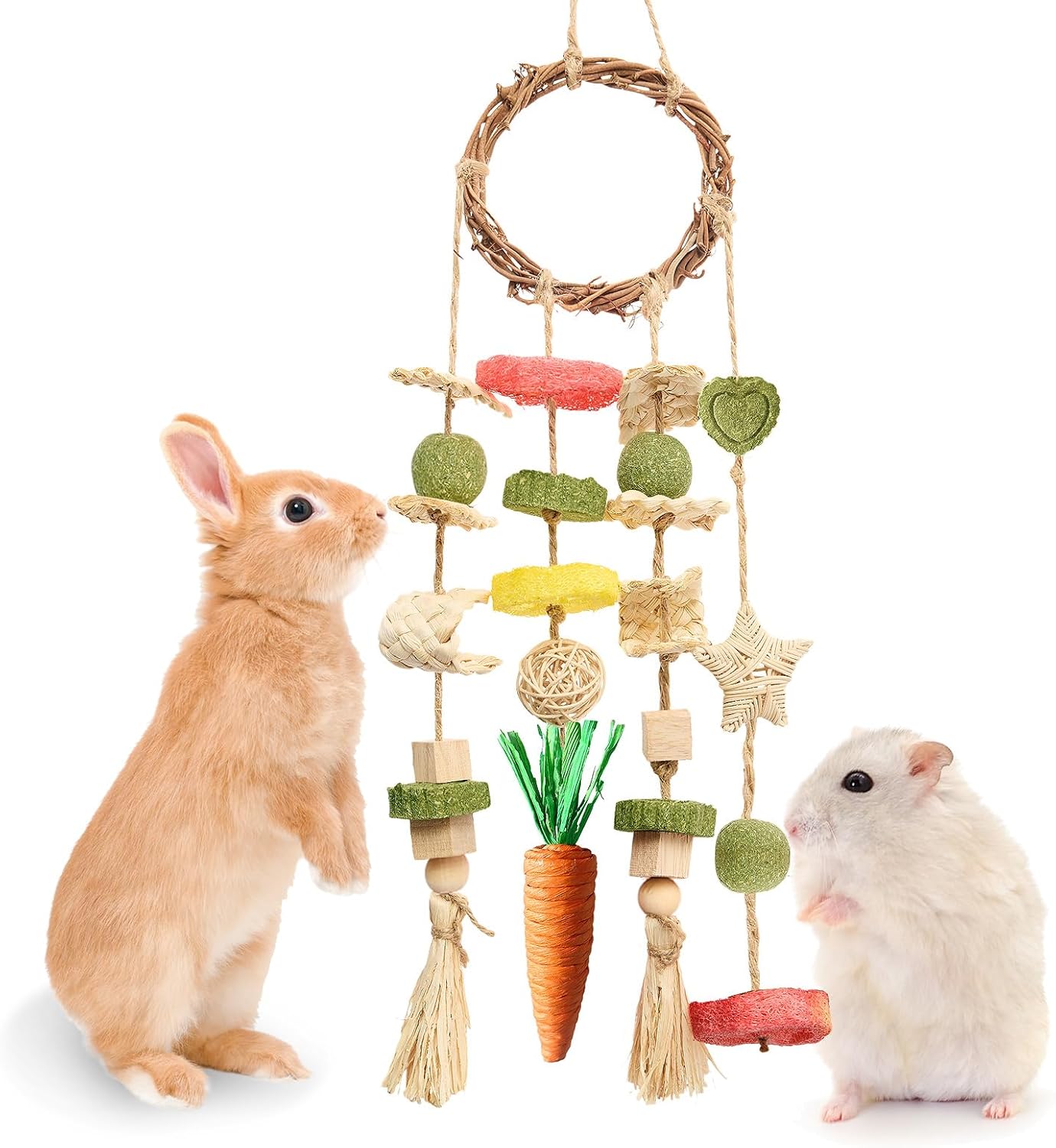 Rabbit Cage Hanging Chew Toy – Rattan Ring with Natural Snacks for Teeth & Enrichment
