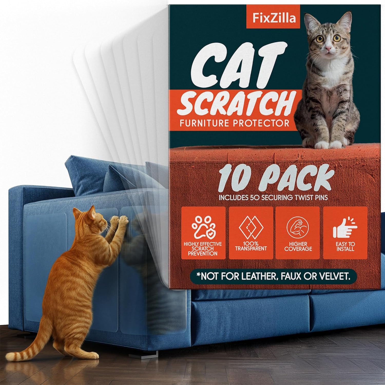 anti Cat Scratch Furniture Protector, 10-Pack Couch Protector from Cat Claws - Heavy-Duty, Easy-To-Apply Scratching Deterrent and Shield for Sofa Corners, Walls, Doors- with 50 Twist Pins