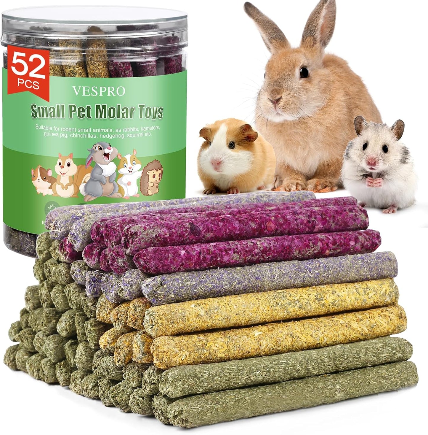 Rabbit Chew Sticks – 52-Piece Mixed Flower Timothy Hay Set for Guinea Pigs, Hamsters & Chinchillas