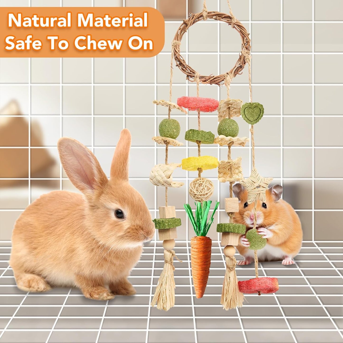 Rabbit Cage Hanging Chew Toy – Rattan Ring with Natural Snacks for Teeth & Enrichment