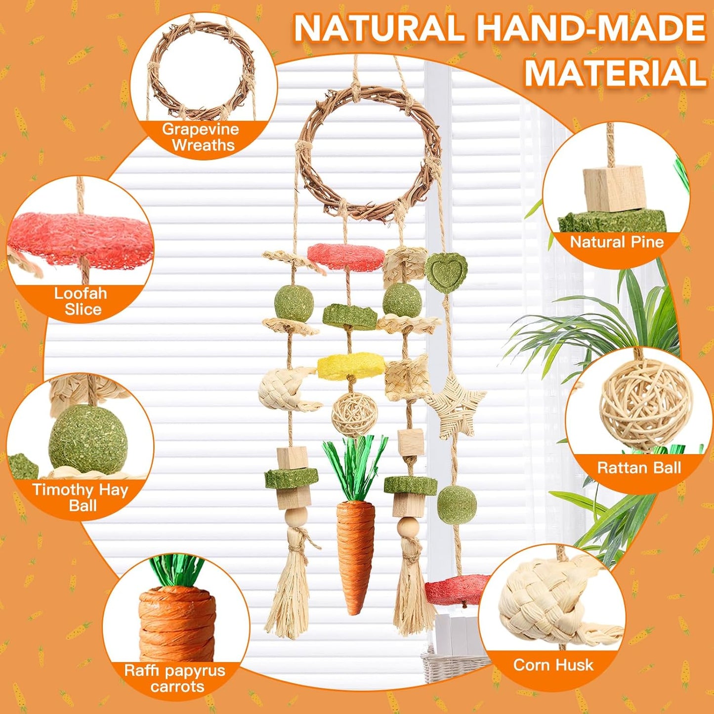 Rabbit Cage Hanging Chew Toy – Rattan Ring with Natural Snacks for Teeth & Enrichment