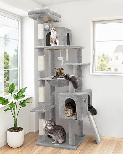 Heavy Duty Cat Tree, 70 Inch Sturdy Cat Tree for Indoor Cats Extra Large Cat Tower with Scratching Post, Hammock, Cat Condo for Adult Cats Kittens, F70 Pro, Light Grey
