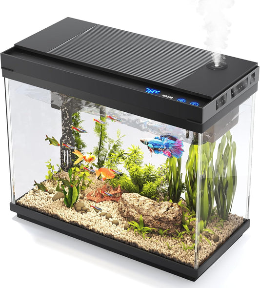 Fish Tank, 2.4 Gallon Fish Aquarium, Fish Tank Starter Kit with Smart Humidifier, Temperature Display, 7-Color Lighting, 3 in 1 Quiet Pump with Filteration & Oxygenation & Circulation