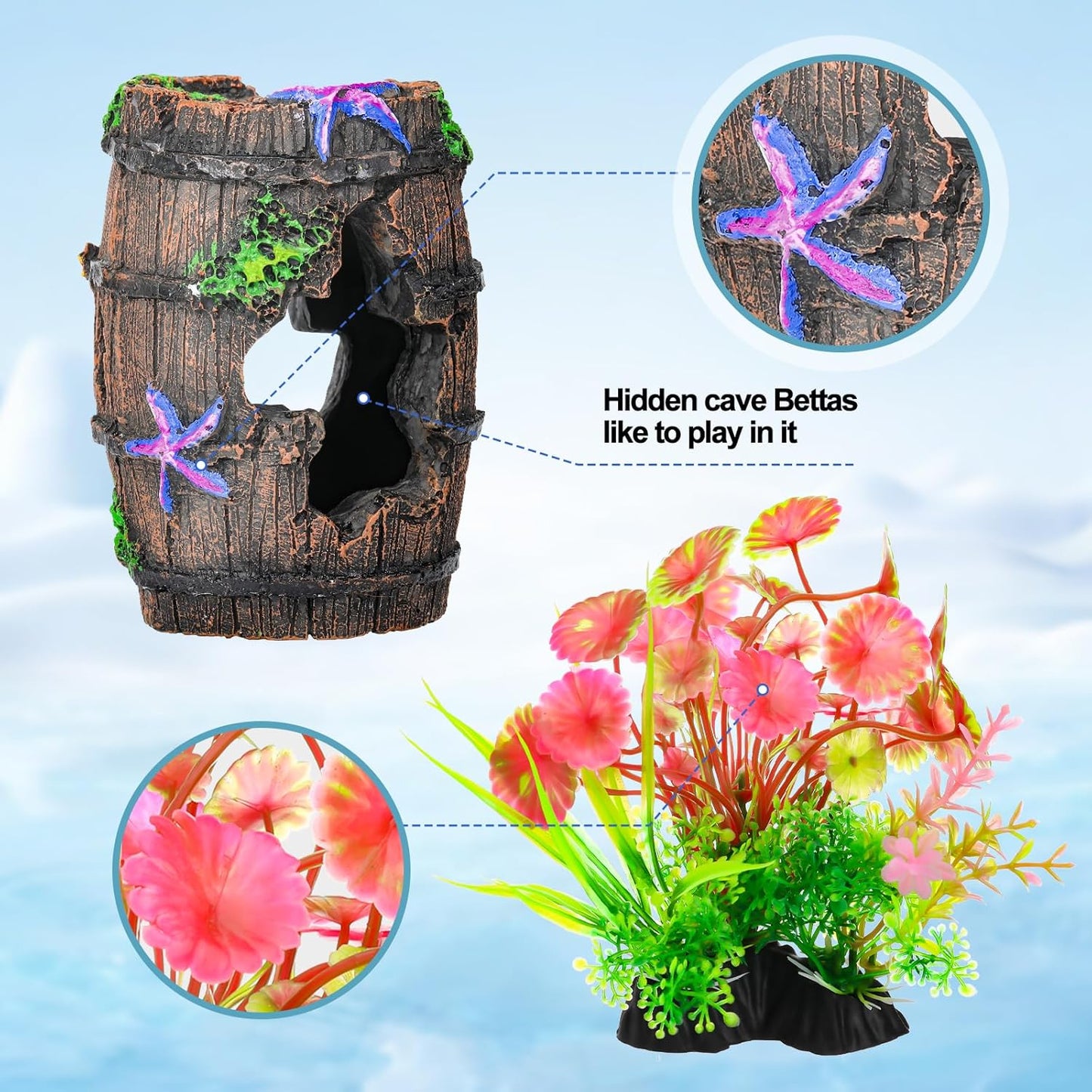 Fish Broken Barrel Decor Fish Tank Decorations Betta Fish Tank Accessories,Starfish Barrel X 1Pc, Aquarium Plants X 8Pcs