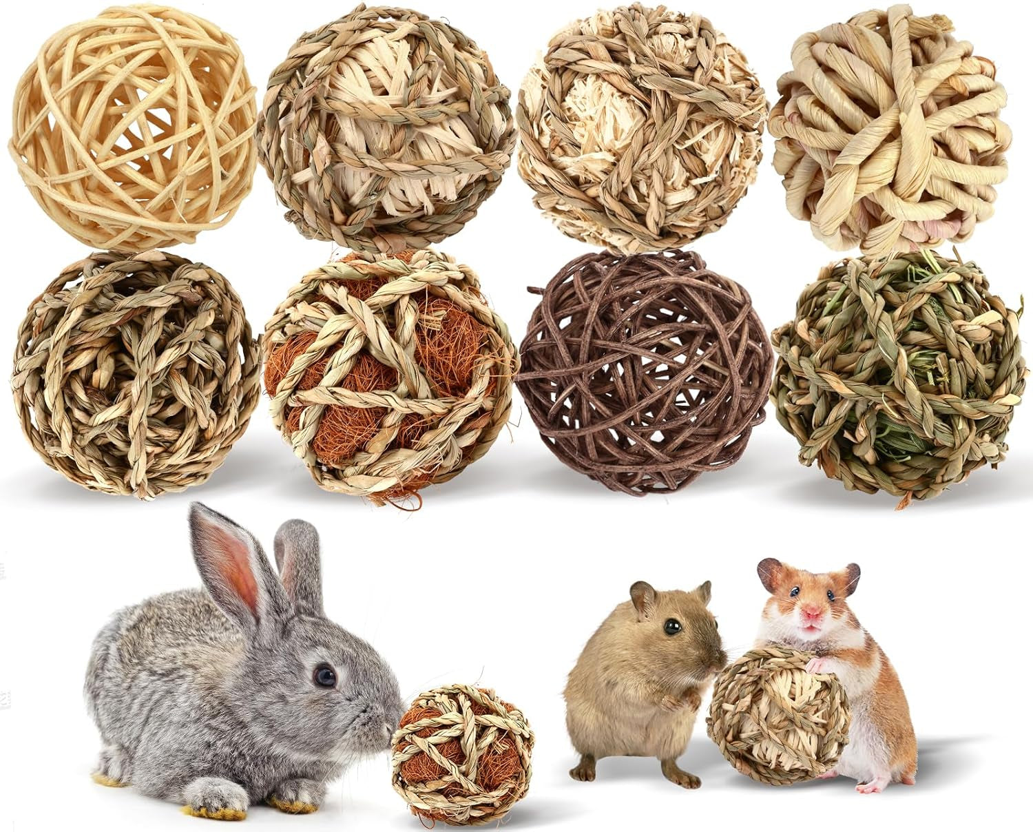 Bunny Chew Grass Balls, Rolling Chew Toys for Small Animals, Natural Chew Grass Toys and Bunny Treats for Rabbits, Guinea Pigs, Chinchillas, Hamsters, Mice Teeth Grinding (8 Pcs)
