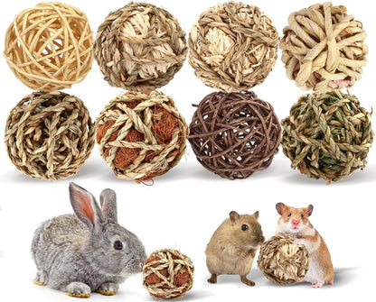 Bunny Chew Grass Balls, Rolling Chew Toys for Small Animals, Natural Chew Grass Toys and Bunny Treats for Rabbits, Guinea Pigs, Chinchillas, Hamsters, Mice Teeth Grinding (8 Pcs)