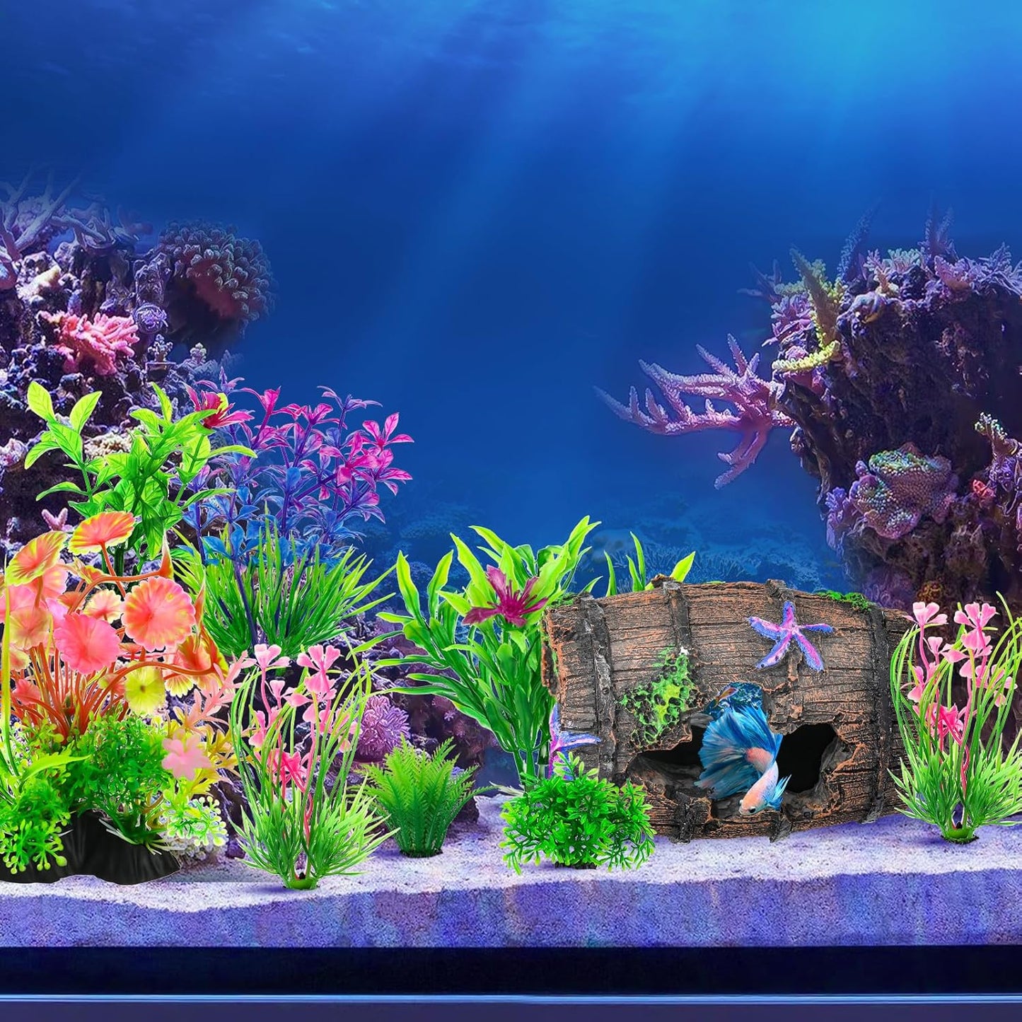 Fish Broken Barrel Decor Fish Tank Decorations Betta Fish Tank Accessories,Starfish Barrel X 1Pc, Aquarium Plants X 8Pcs