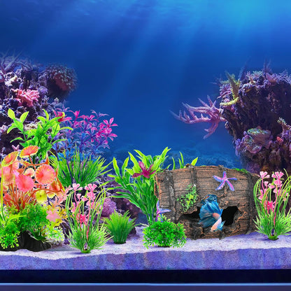 Fish Broken Barrel Decor Fish Tank Decorations Betta Fish Tank Accessories,Starfish Barrel X 1Pc, Aquarium Plants X 8Pcs