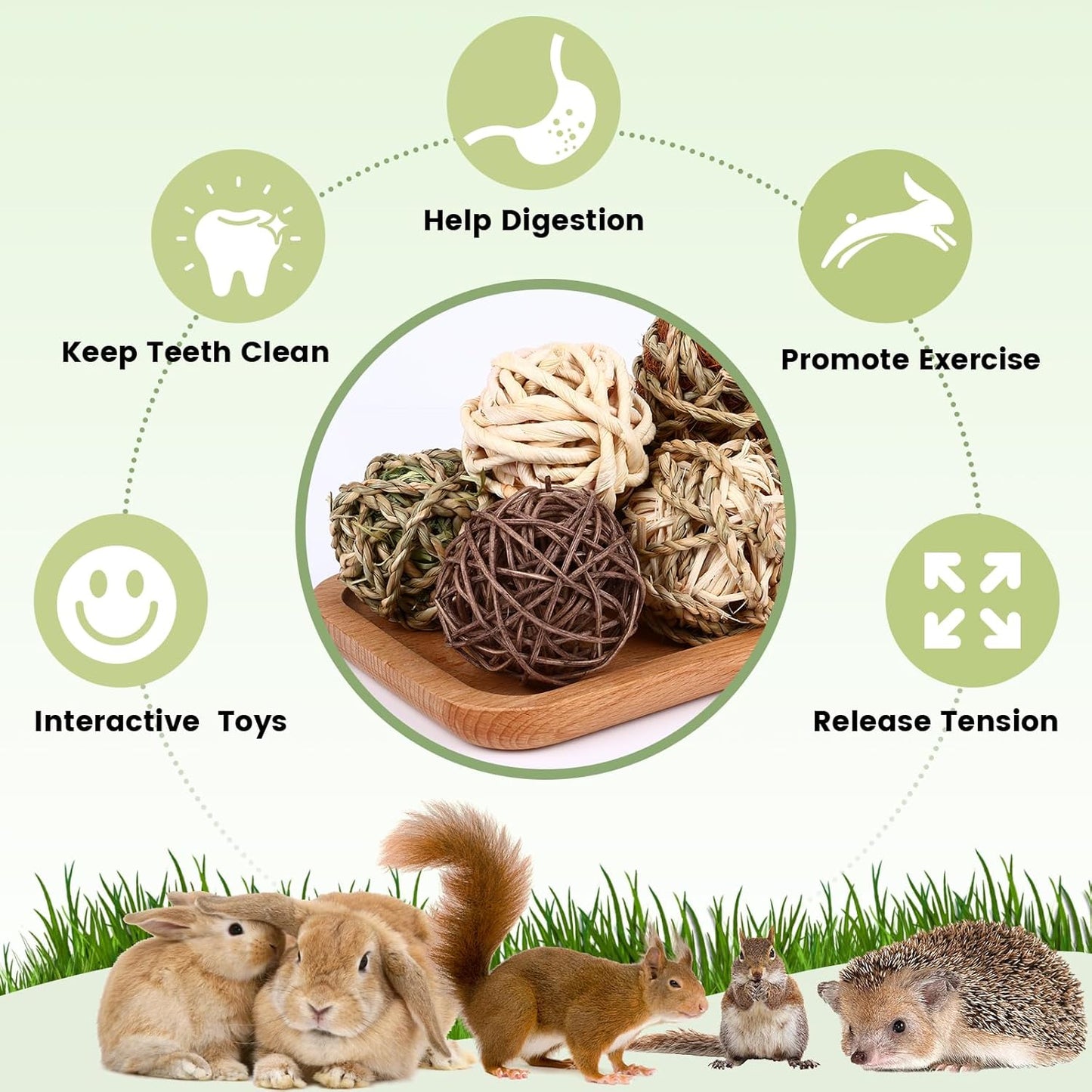 Bunny Chew Grass Balls, Rolling Chew Toys for Small Animals, Natural Chew Grass Toys and Bunny Treats for Rabbits, Guinea Pigs, Chinchillas, Hamsters, Mice Teeth Grinding (8 Pcs)
