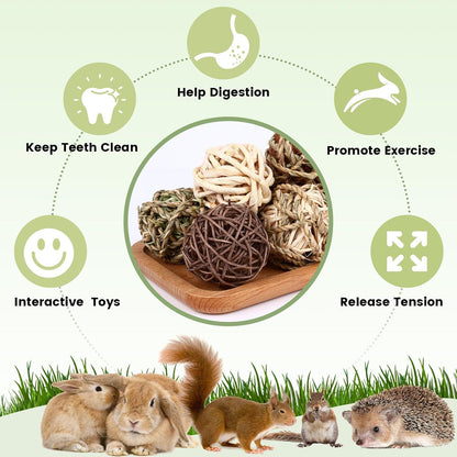 Bunny Chew Grass Balls, Rolling Chew Toys for Small Animals, Natural Chew Grass Toys and Bunny Treats for Rabbits, Guinea Pigs, Chinchillas, Hamsters, Mice Teeth Grinding (8 Pcs)